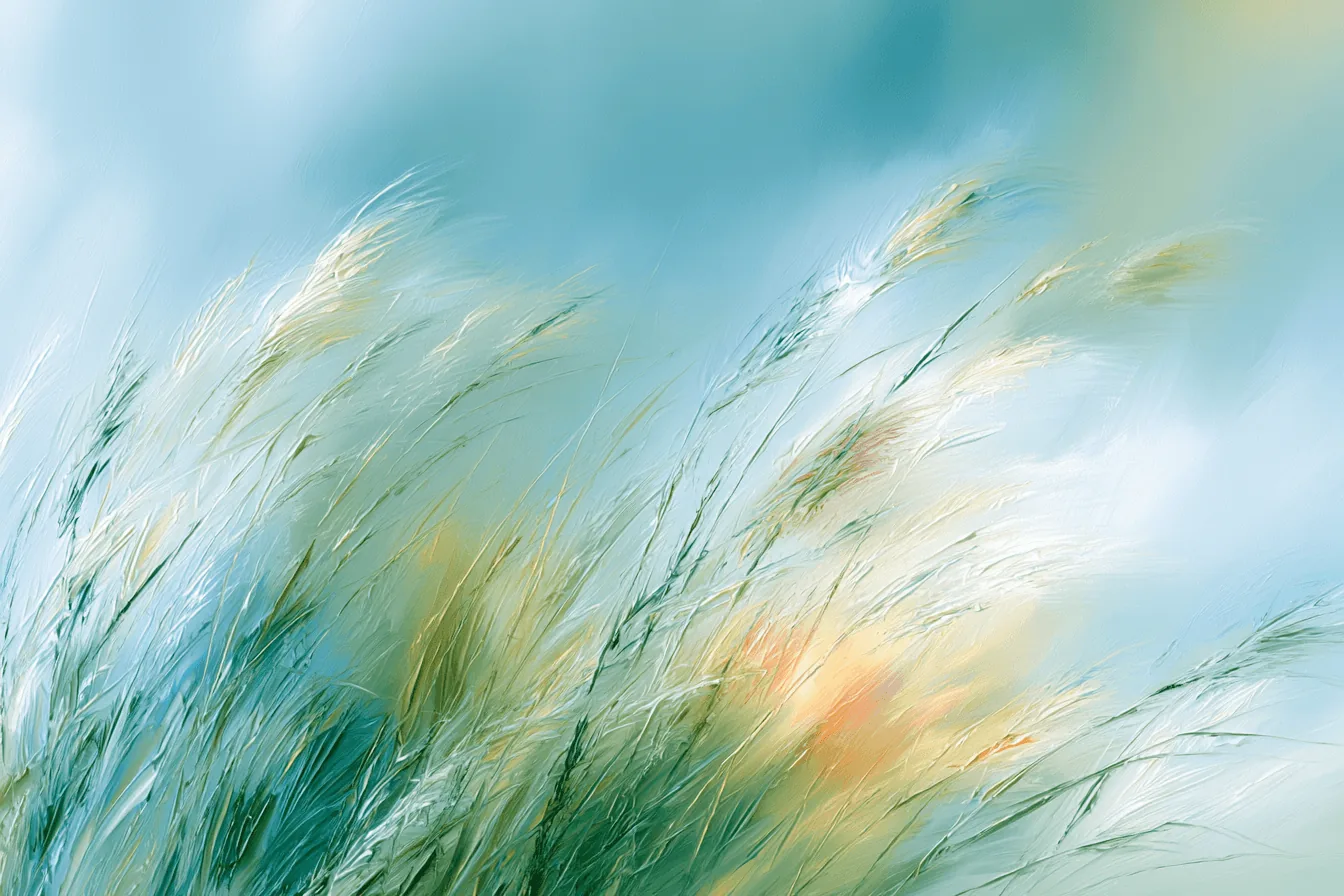 A painting of tall grass bending in the wind