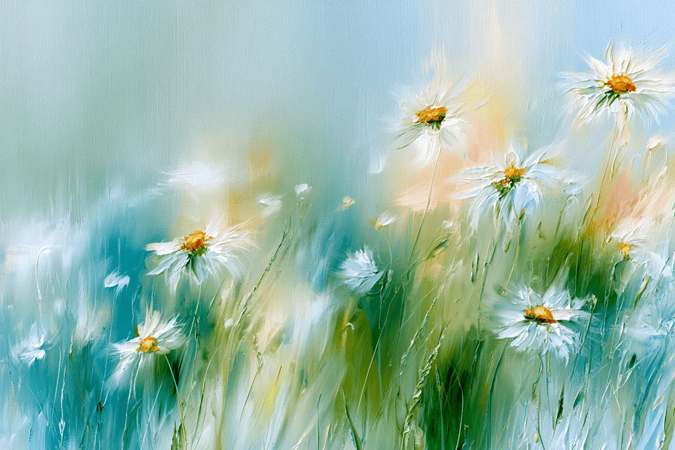 A painting of daisies in pastel greens and creams