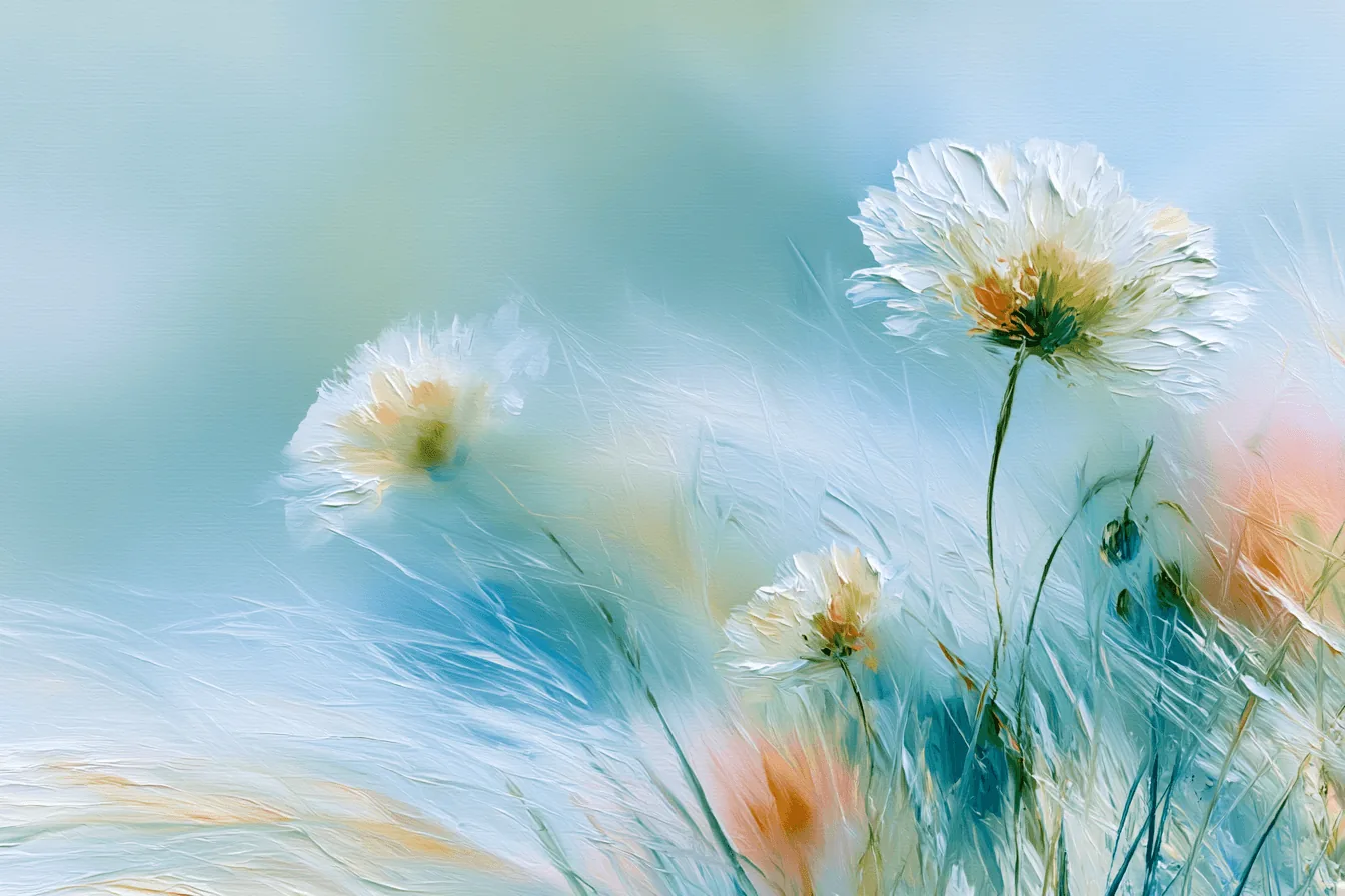 A painting of white flowers swaying in a pale blue meadow