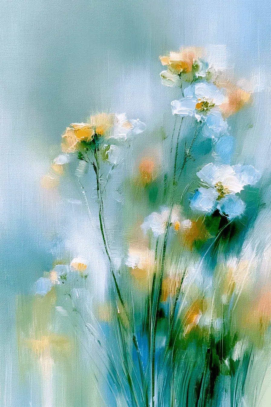 A watercolor of tall wildflowers in soft blue and gold