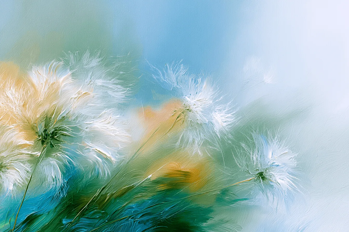 A painting of white blooms drifting in the wind