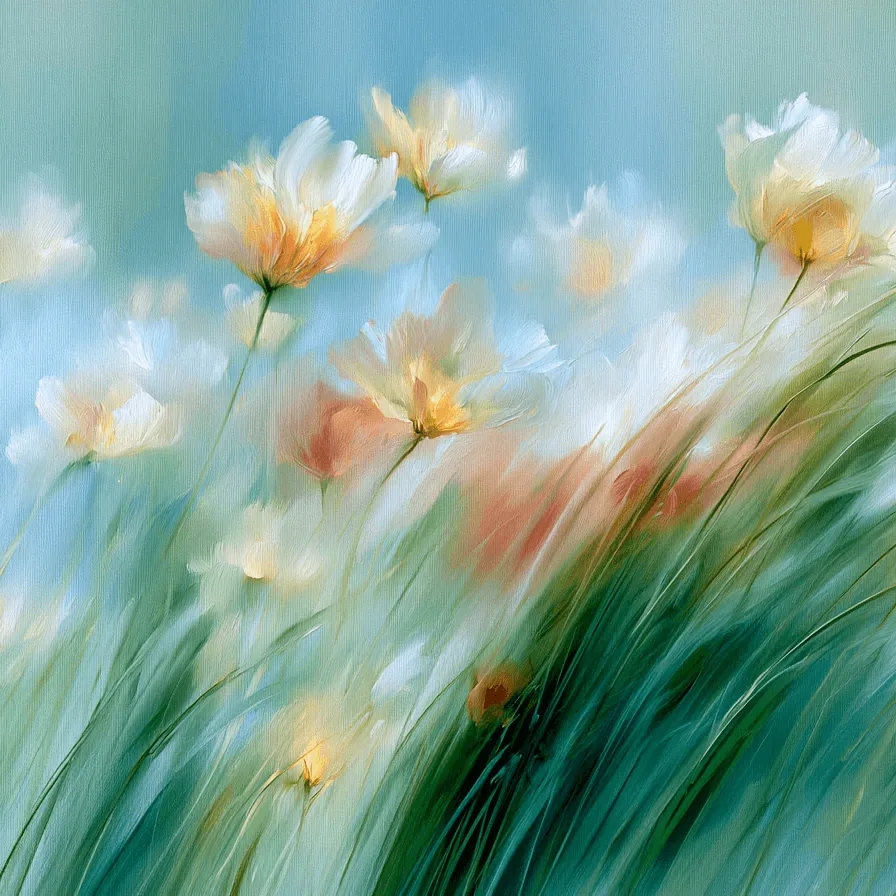 A painted meadow of wildflowers bending in the wind